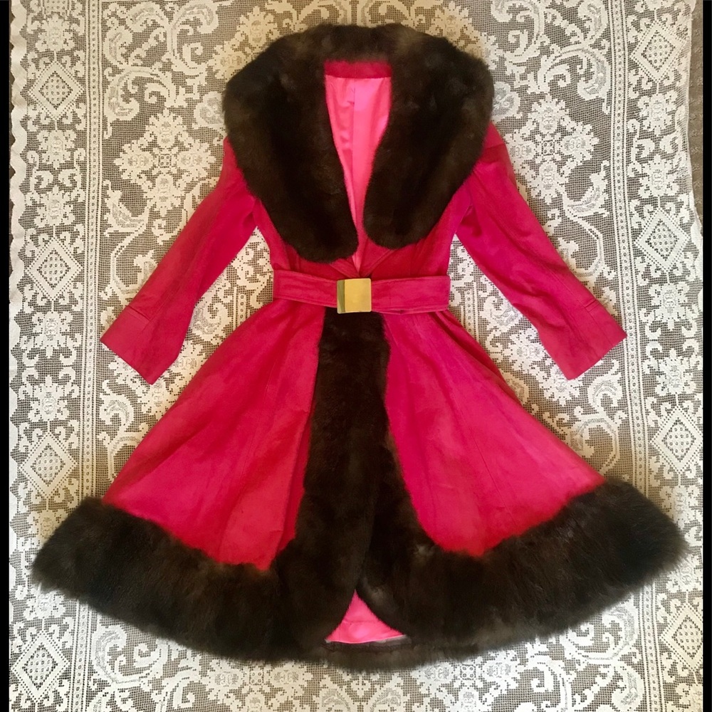 Vintage Magenta Suede Swing Coat w/Mink Trim